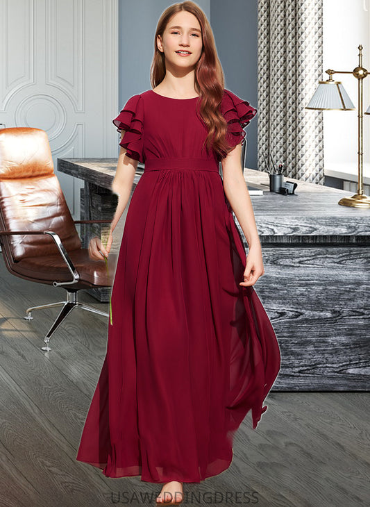 Rose A-Line Scoop Neck Floor-Length Chiffon Junior Bridesmaid Dress With Cascading Ruffles DSP0013417