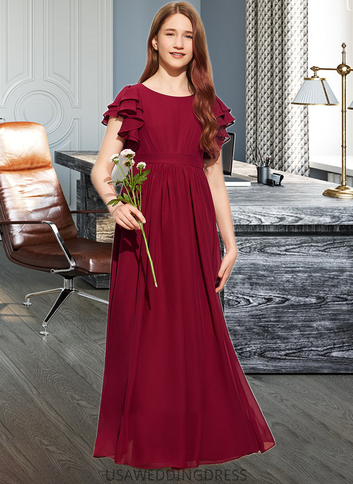 Rose A-Line Scoop Neck Floor-Length Chiffon Junior Bridesmaid Dress With Cascading Ruffles DSP0013417