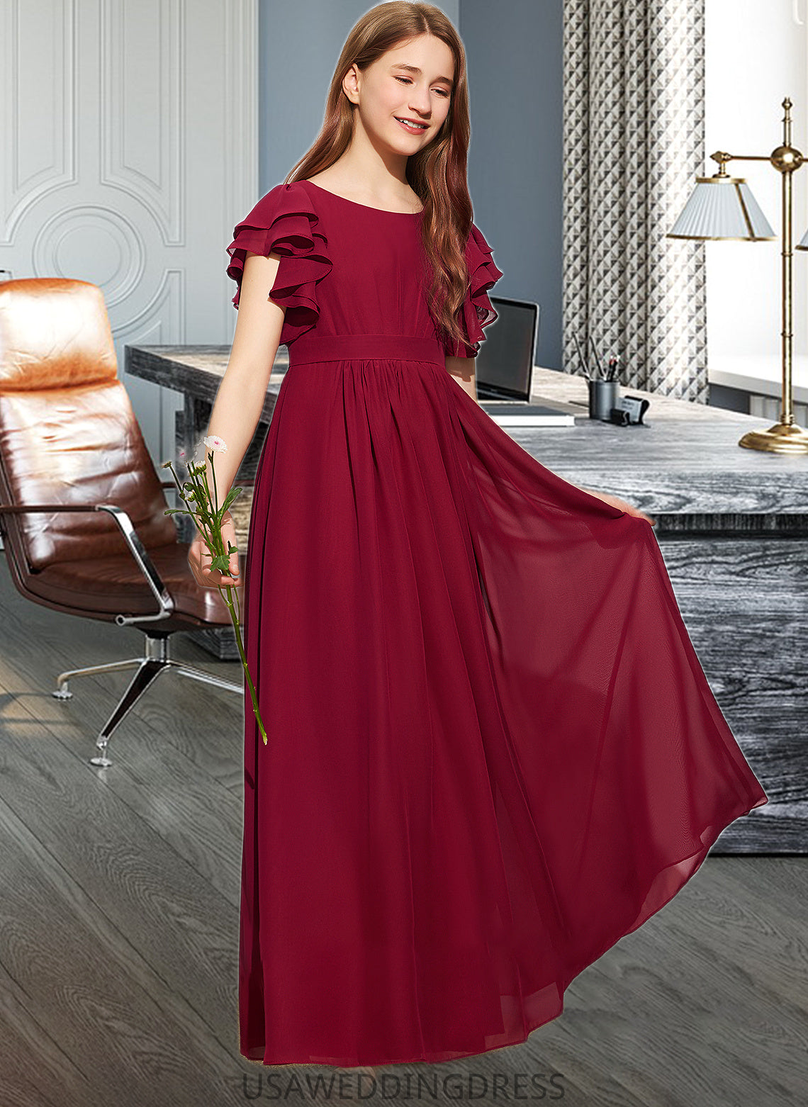 Rose A-Line Scoop Neck Floor-Length Chiffon Junior Bridesmaid Dress With Cascading Ruffles DSP0013417