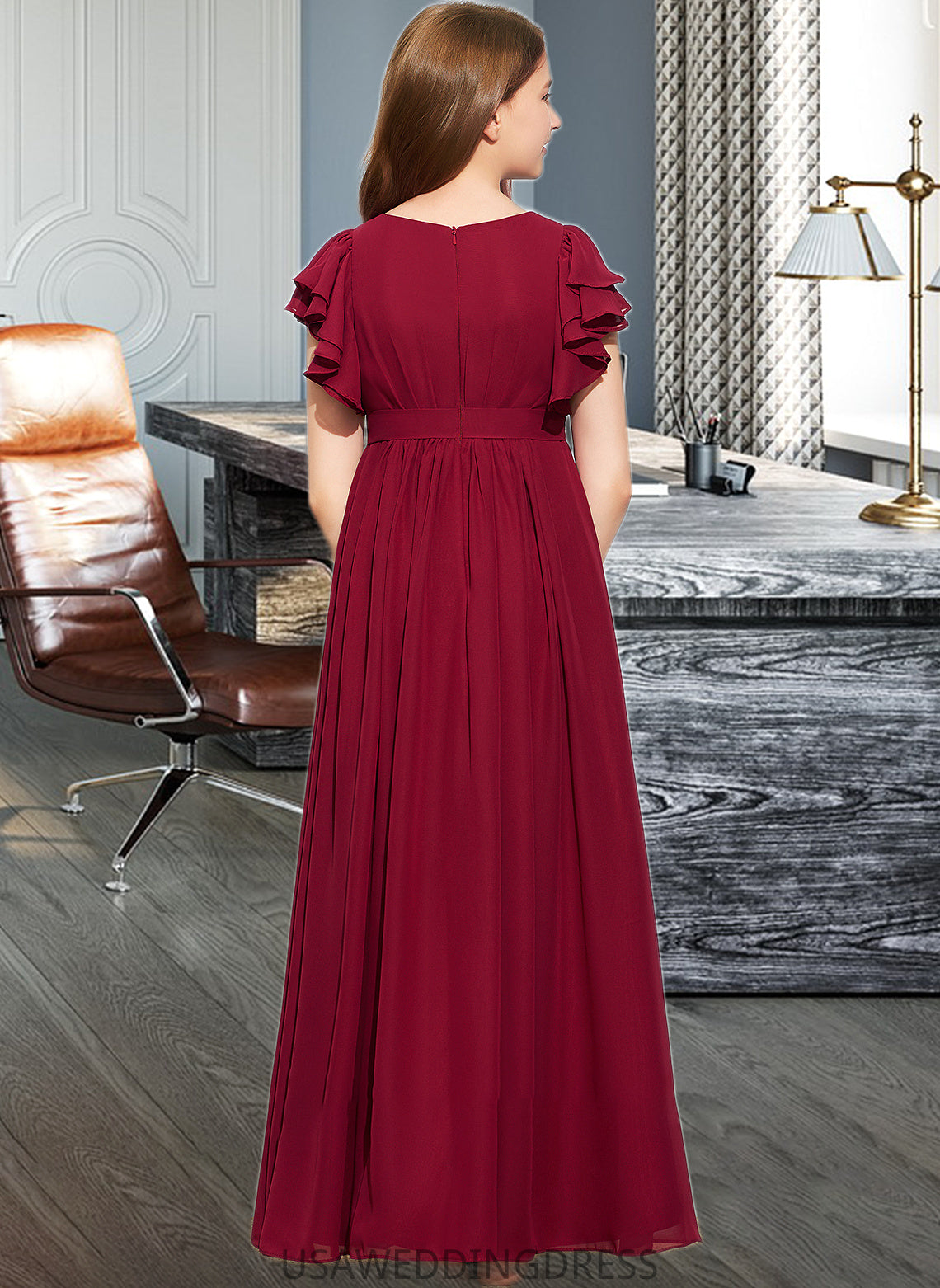 Rose A-Line Scoop Neck Floor-Length Chiffon Junior Bridesmaid Dress With Cascading Ruffles DSP0013417