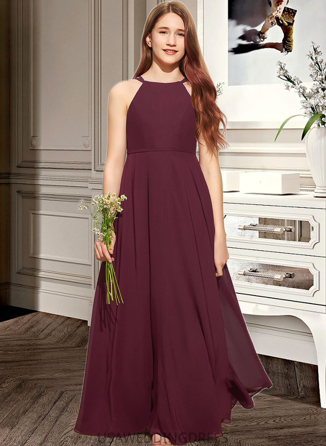 Amiah A-Line Scoop Neck Floor-Length Chiffon Junior Bridesmaid Dress DSP0013418