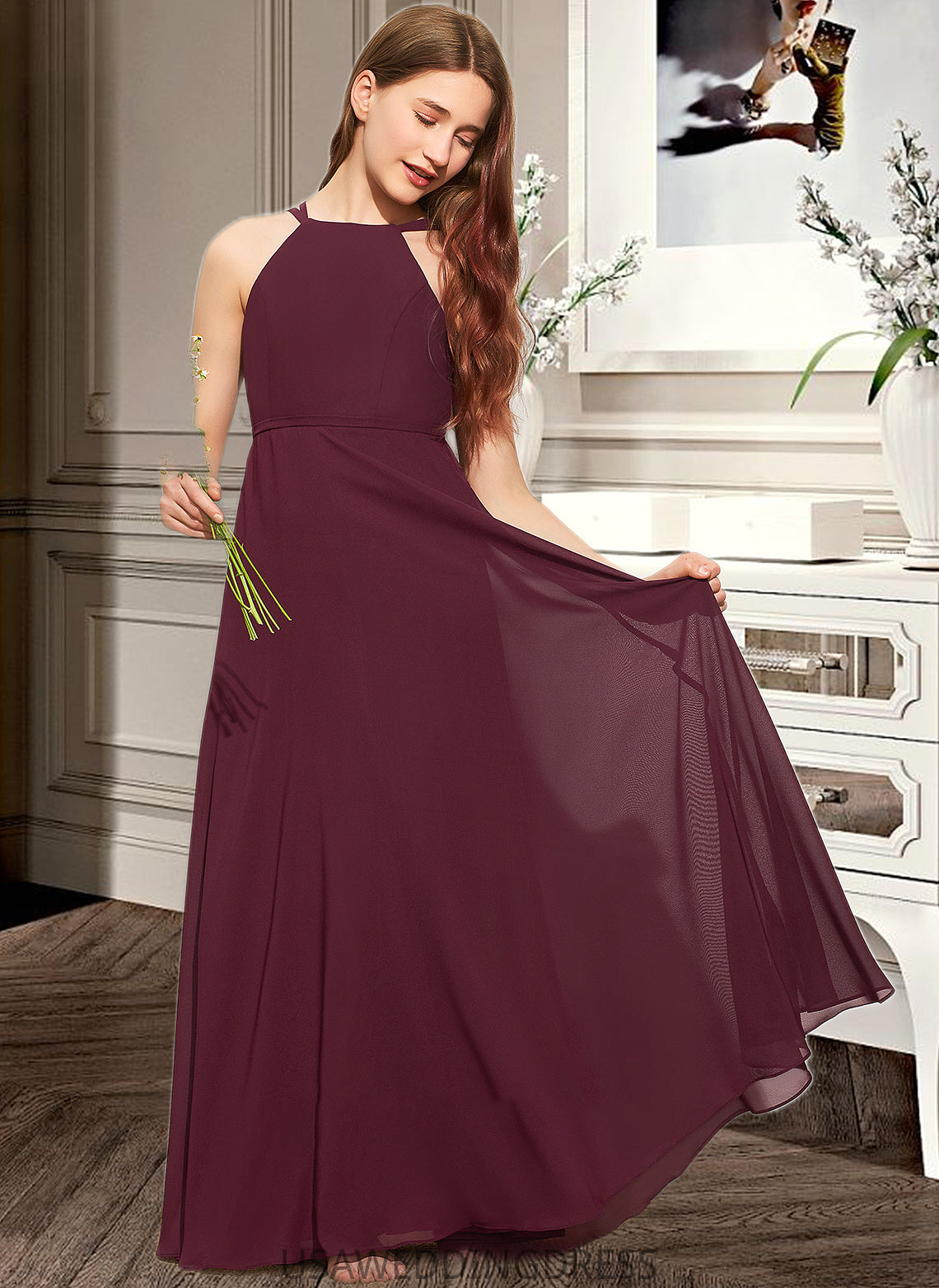 Amiah A-Line Scoop Neck Floor-Length Chiffon Junior Bridesmaid Dress DSP0013418