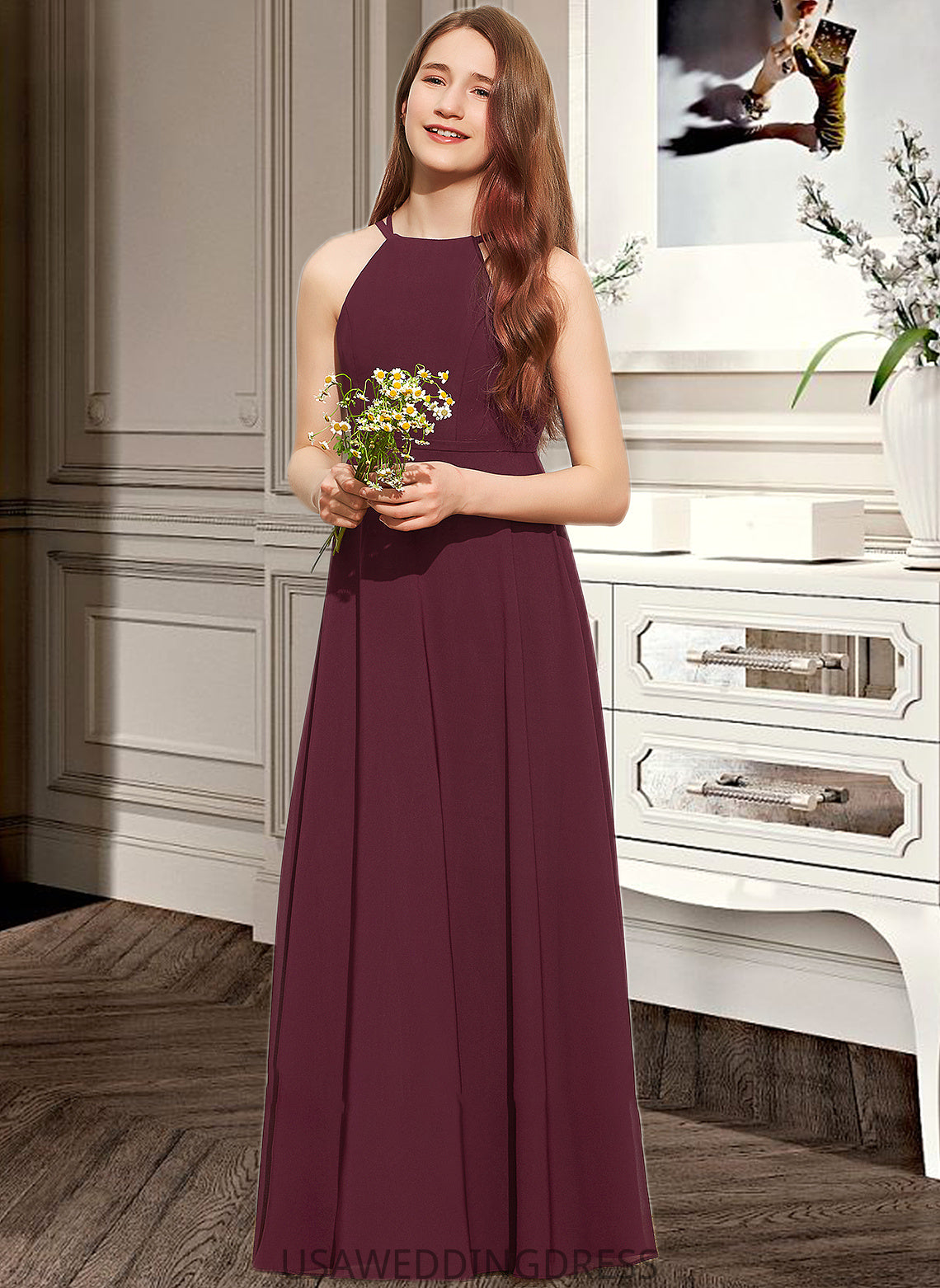 Amiah A-Line Scoop Neck Floor-Length Chiffon Junior Bridesmaid Dress DSP0013418