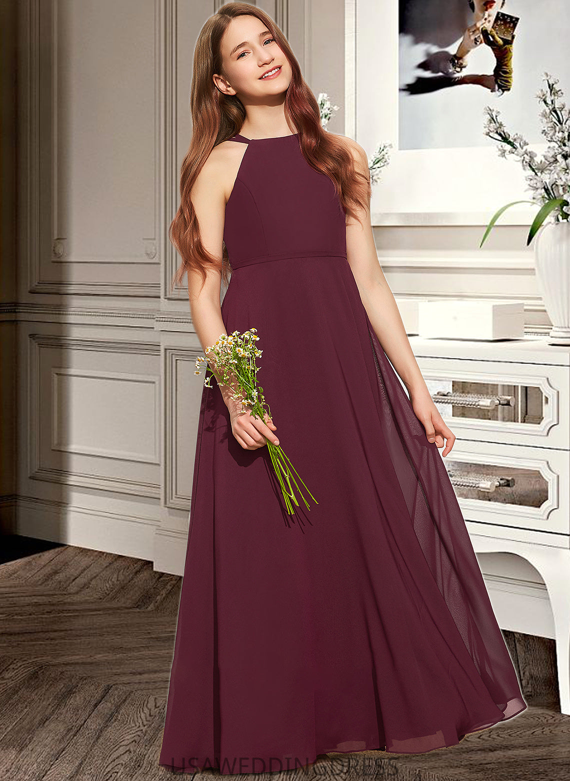 Amiah A-Line Scoop Neck Floor-Length Chiffon Junior Bridesmaid Dress DSP0013418