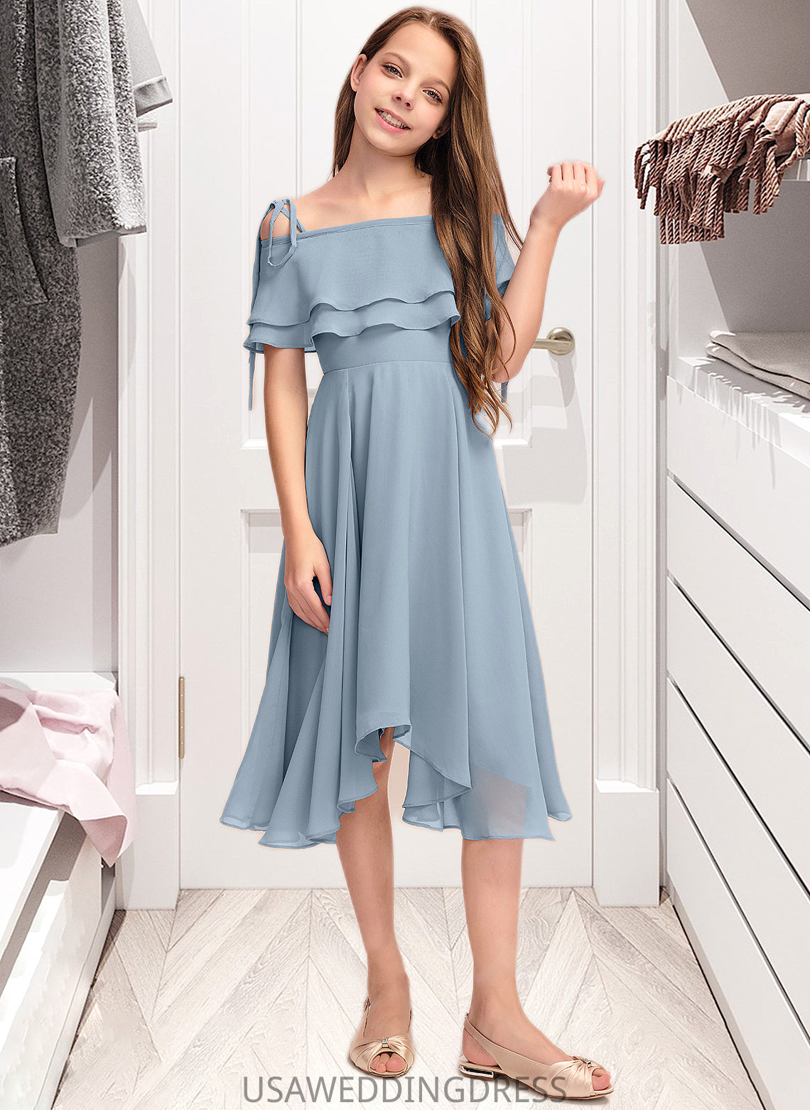 Katherine A-Line Off-the-Shoulder Asymmetrical Chiffon Junior Bridesmaid Dress With Cascading Ruffles DSP0013420