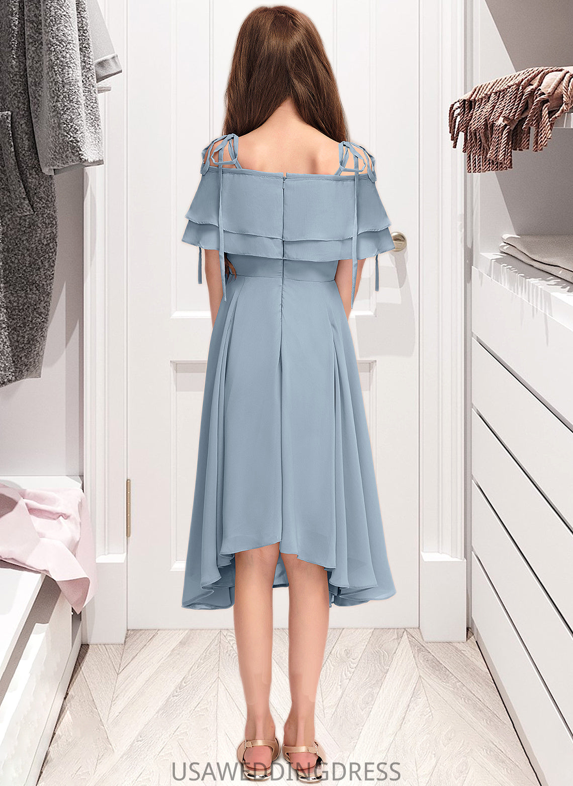 Katherine A-Line Off-the-Shoulder Asymmetrical Chiffon Junior Bridesmaid Dress With Cascading Ruffles DSP0013420