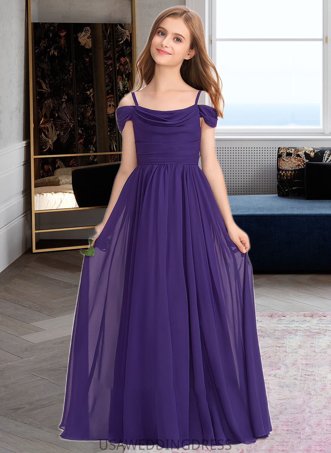 Jaden A-Line Off-the-Shoulder Floor-Length Chiffon Junior Bridesmaid Dress With Ruffle DSP0013421