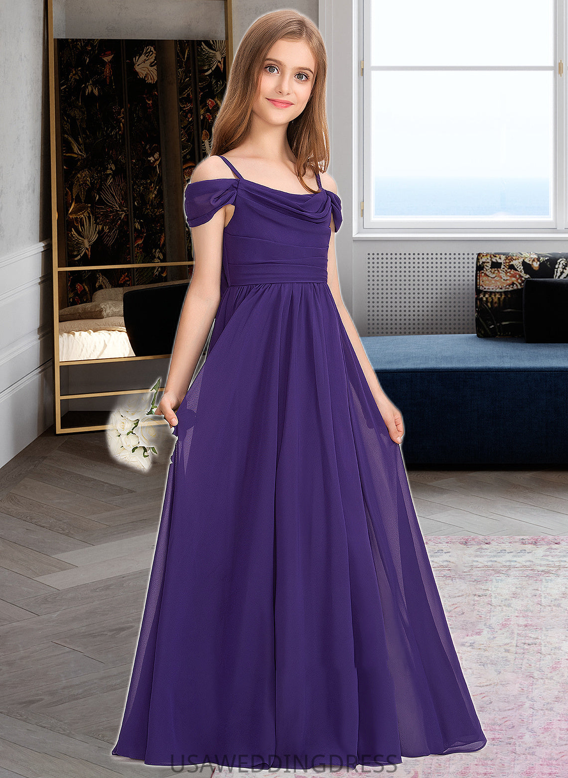 Jaden A-Line Off-the-Shoulder Floor-Length Chiffon Junior Bridesmaid Dress With Ruffle DSP0013421