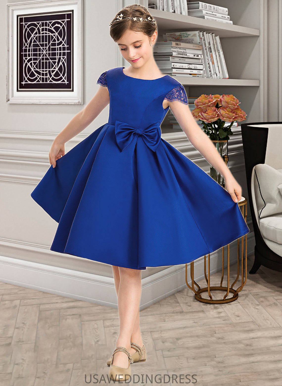 Thalia A-Line Scoop Neck Knee-Length Satin Junior Bridesmaid Dress With Lace Bow(s) DSP0013422