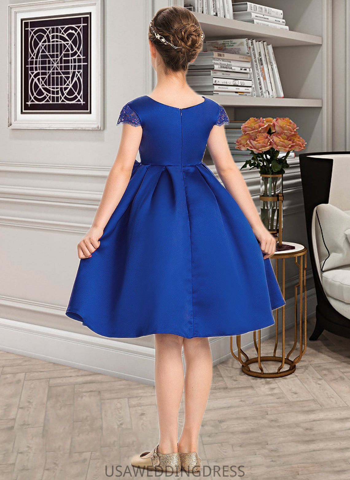 Thalia A-Line Scoop Neck Knee-Length Satin Junior Bridesmaid Dress With Lace Bow(s) DSP0013422