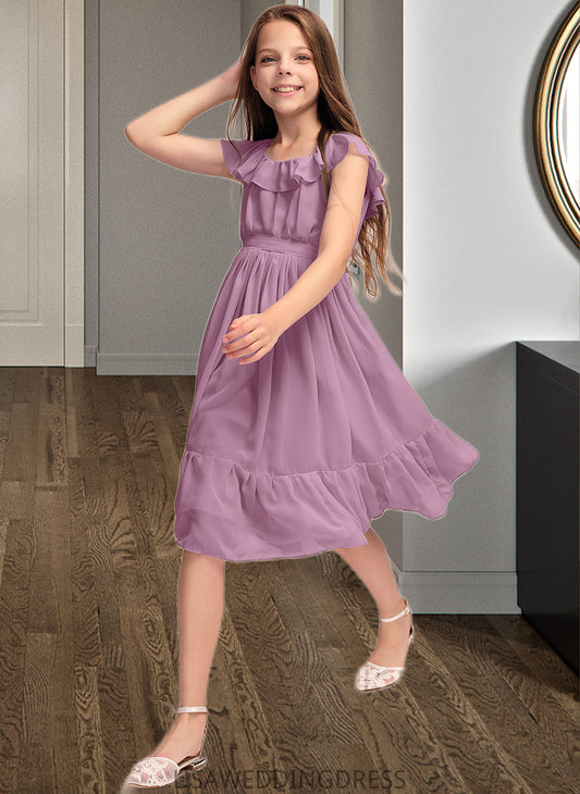 Pamela A-Line Scoop Neck Knee-Length Chiffon Junior Bridesmaid Dress With Bow(s) Cascading Ruffles DSP0013426