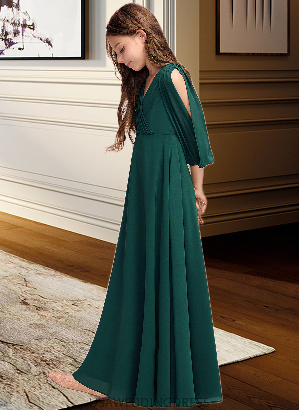 Rosa A-Line V-neck Floor-Length Chiffon Junior Bridesmaid Dress With Ruffles DSP0013427