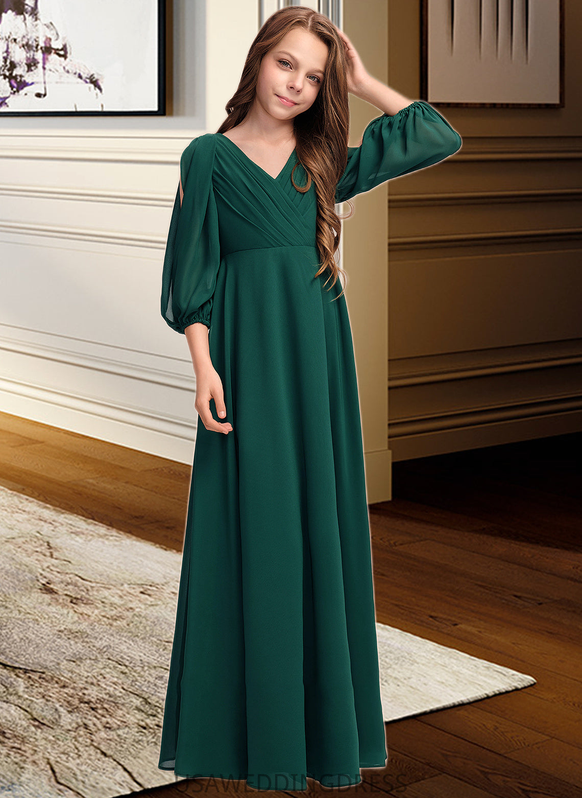 Rosa A-Line V-neck Floor-Length Chiffon Junior Bridesmaid Dress With Ruffles DSP0013427