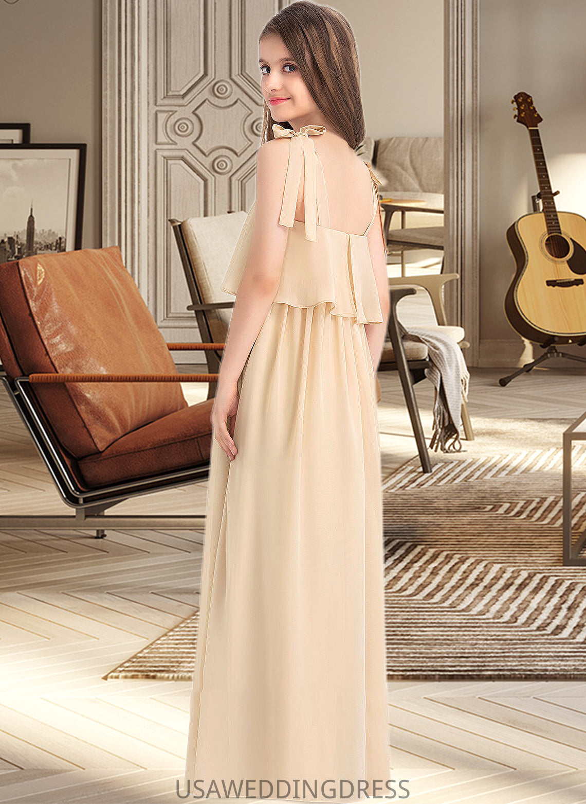 Xiomara A-Line Square Neckline Floor-Length Chiffon Junior Bridesmaid Dress With Bow(s) Cascading Ruffles DSP0013428