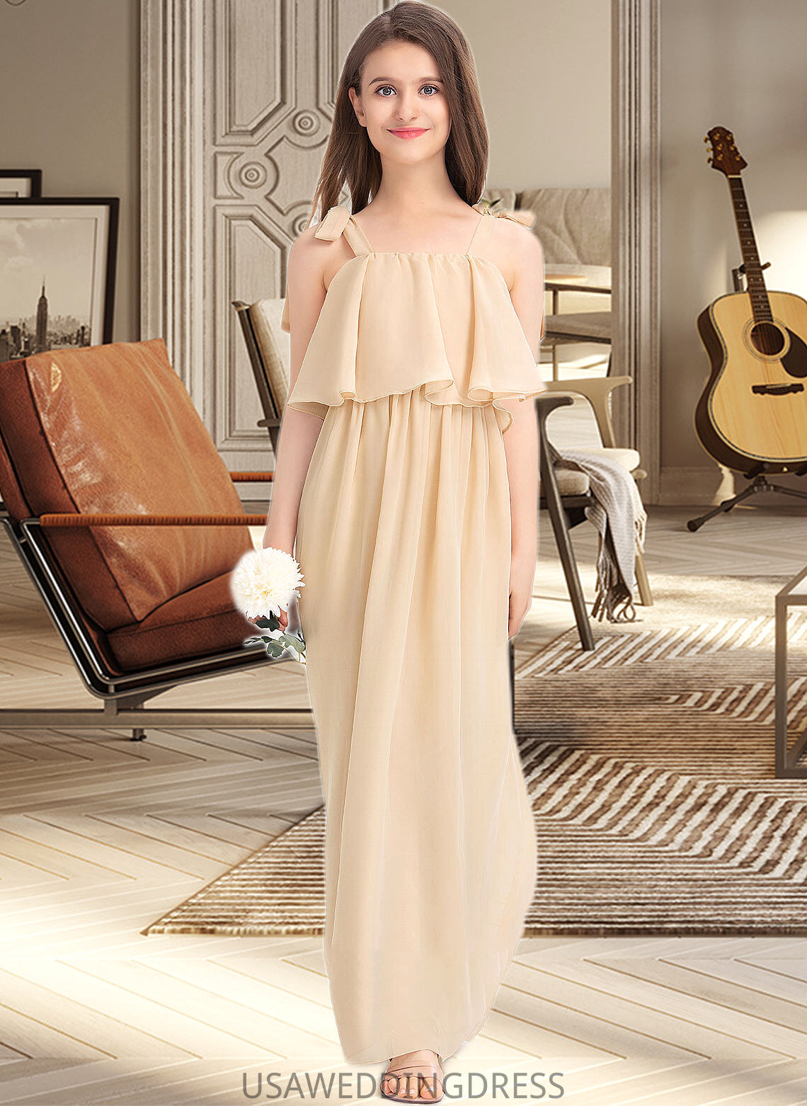 Xiomara A-Line Square Neckline Floor-Length Chiffon Junior Bridesmaid Dress With Bow(s) Cascading Ruffles DSP0013428