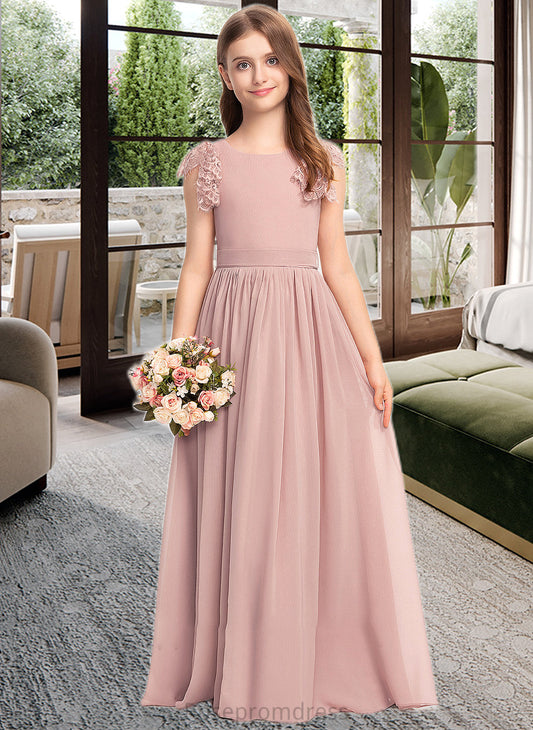 Cynthia A-Line Scoop Neck Floor-Length Chiffon Lace Junior Bridesmaid Dress With Bow(s) SRSP0013429