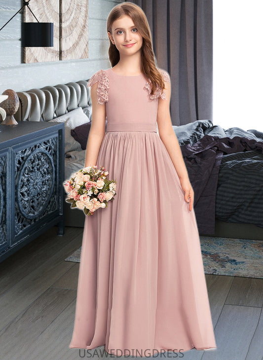 Bailee A-Line Scoop Neck Floor-Length Chiffon Lace Junior Bridesmaid Dress With Bow(s) DSP0013429