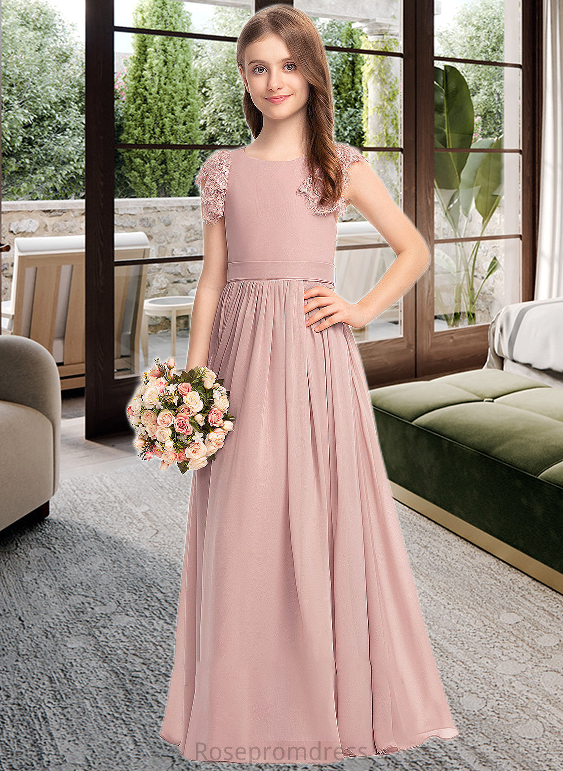 Cynthia A-Line Scoop Neck Floor-Length Chiffon Lace Junior Bridesmaid Dress With Bow(s) SRSP0013429