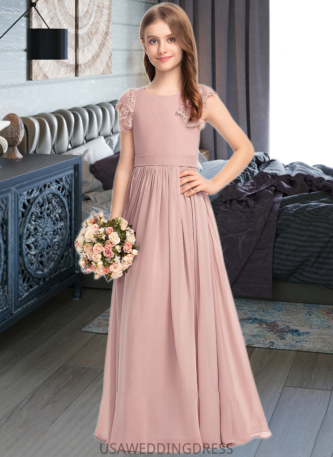 Bailee A-Line Scoop Neck Floor-Length Chiffon Lace Junior Bridesmaid Dress With Bow(s) DSP0013429