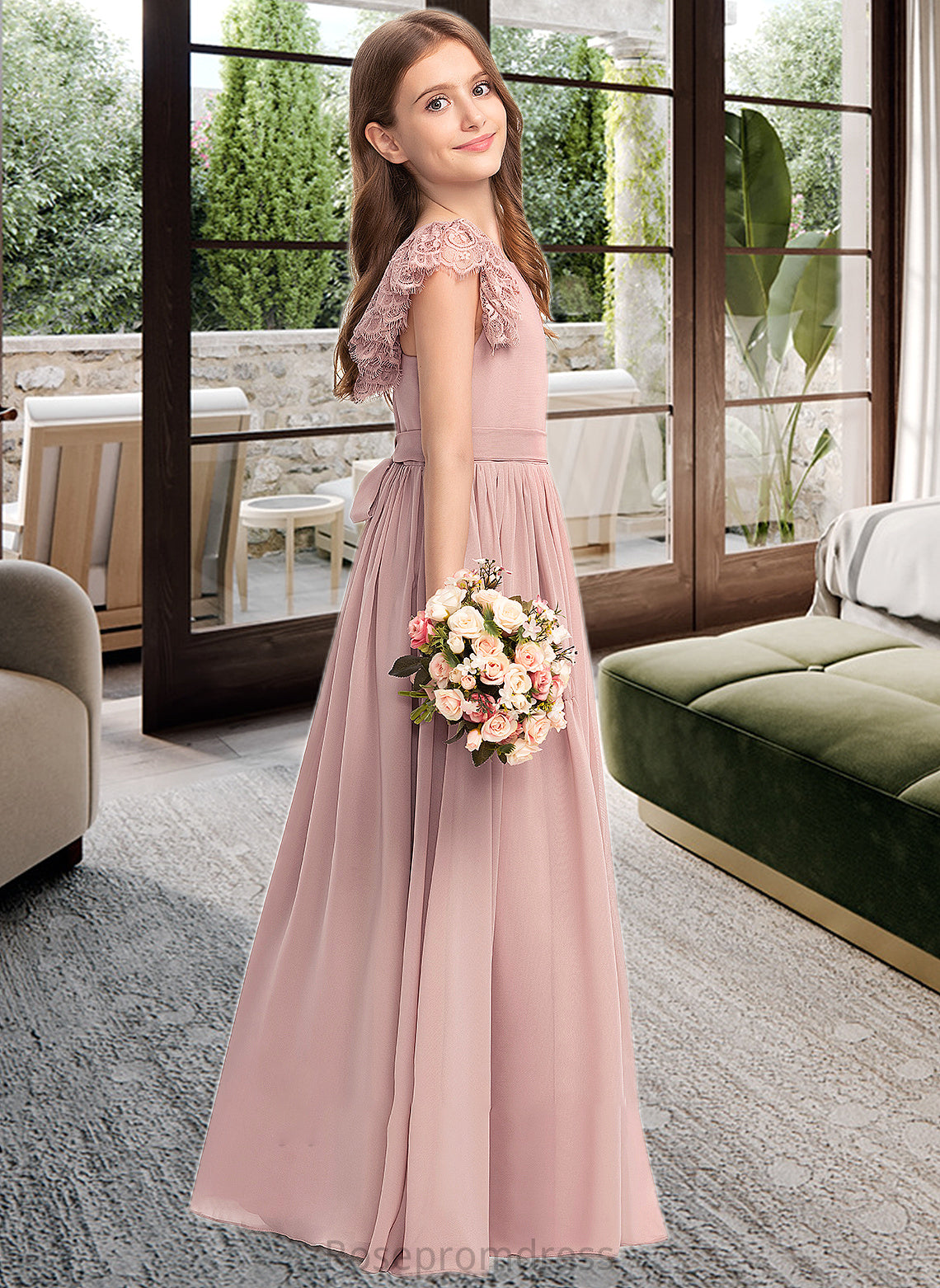 Cynthia A-Line Scoop Neck Floor-Length Chiffon Lace Junior Bridesmaid Dress With Bow(s) SRSP0013429