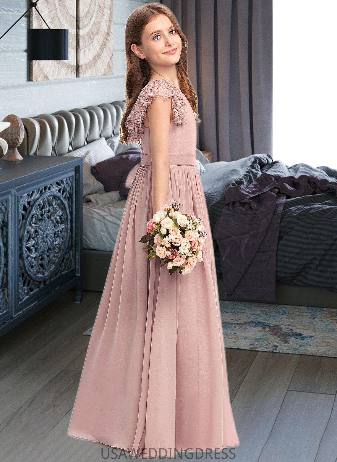 Bailee A-Line Scoop Neck Floor-Length Chiffon Lace Junior Bridesmaid Dress With Bow(s) DSP0013429