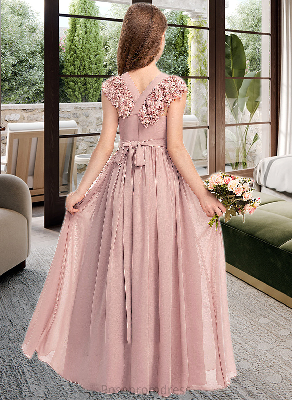 Cynthia A-Line Scoop Neck Floor-Length Chiffon Lace Junior Bridesmaid Dress With Bow(s) SRSP0013429