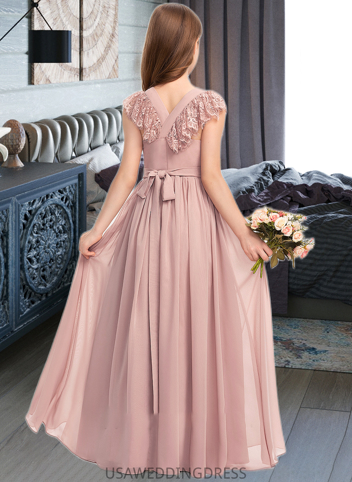 Bailee A-Line Scoop Neck Floor-Length Chiffon Lace Junior Bridesmaid Dress With Bow(s) DSP0013429