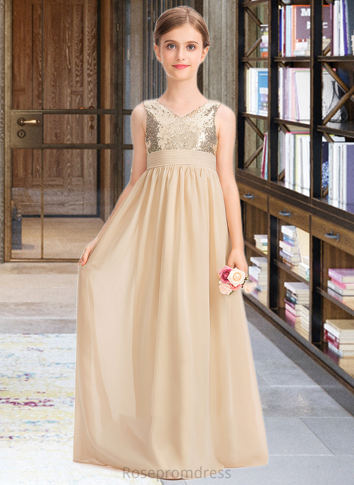 Gabriela A-Line V-neck Floor-Length Chiffon Sequined Junior Bridesmaid Dress With Ruffle SRSP0013430