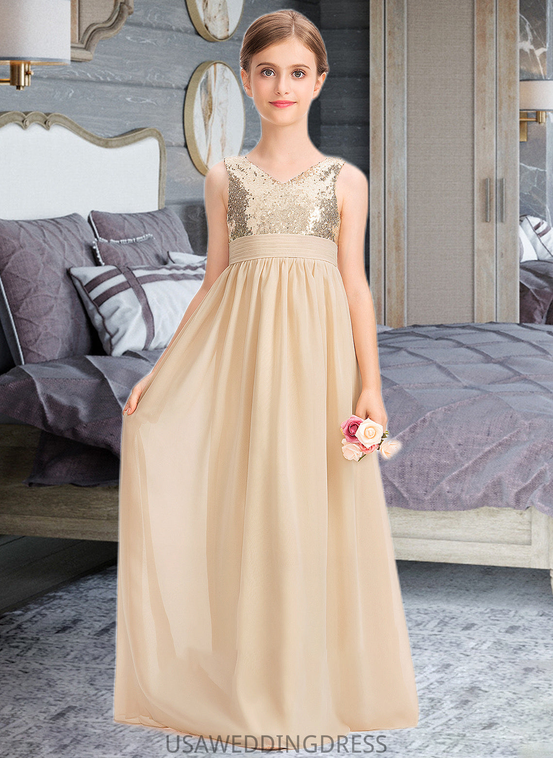 Nola A-Line V-neck Floor-Length Chiffon Sequined Junior Bridesmaid Dress With Ruffle DSP0013430