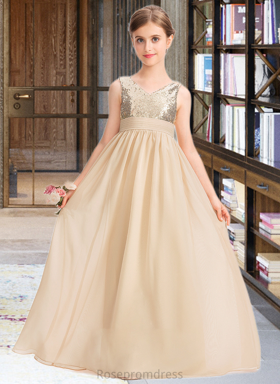 Gabriela A-Line V-neck Floor-Length Chiffon Sequined Junior Bridesmaid Dress With Ruffle SRSP0013430