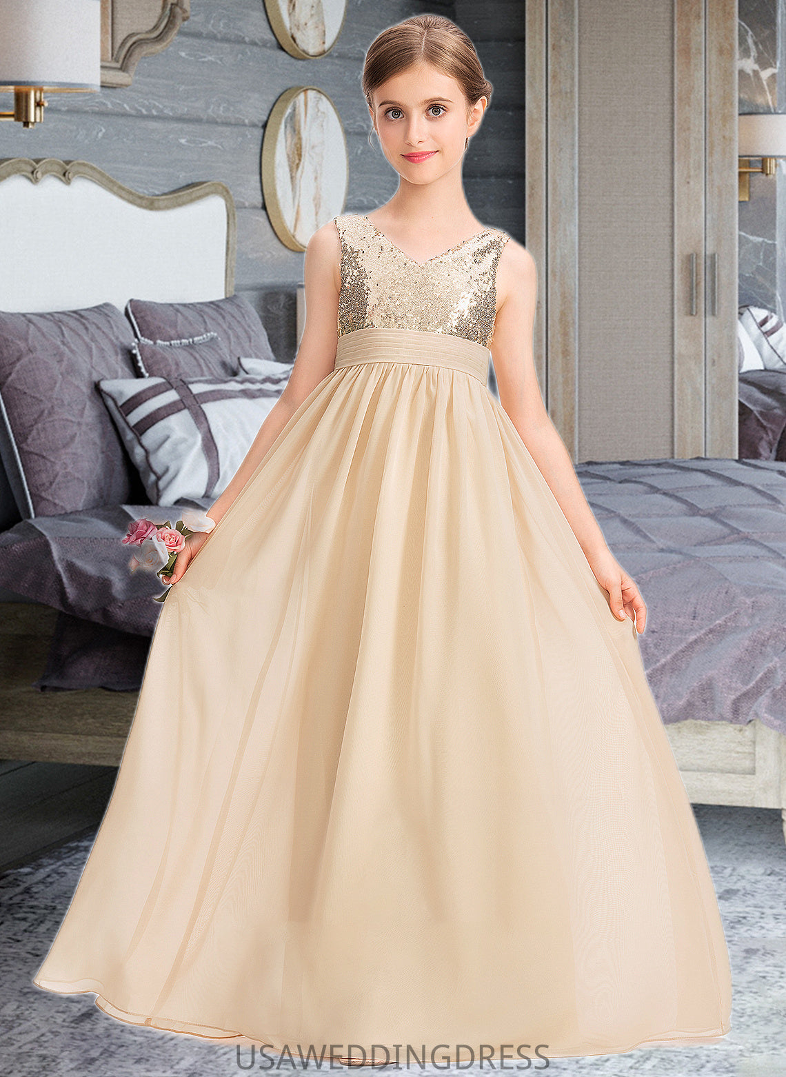 Nola A-Line V-neck Floor-Length Chiffon Sequined Junior Bridesmaid Dress With Ruffle DSP0013430