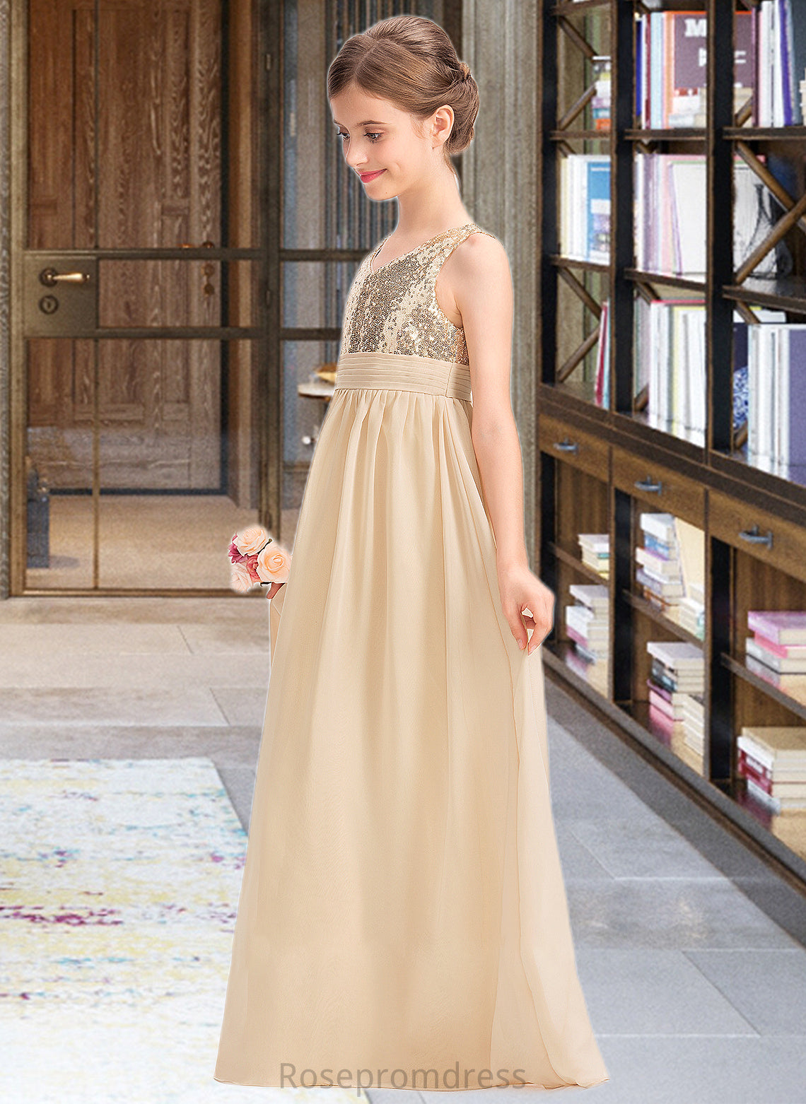 Gabriela A-Line V-neck Floor-Length Chiffon Sequined Junior Bridesmaid Dress With Ruffle SRSP0013430