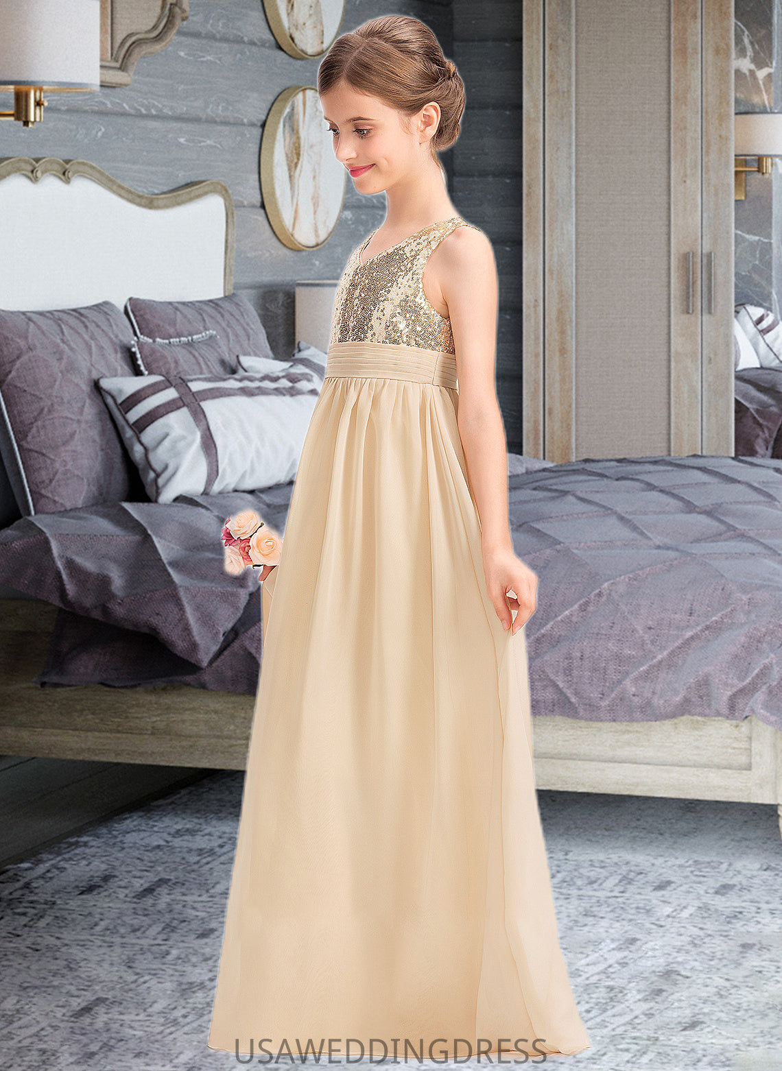 Nola A-Line V-neck Floor-Length Chiffon Sequined Junior Bridesmaid Dress With Ruffle DSP0013430