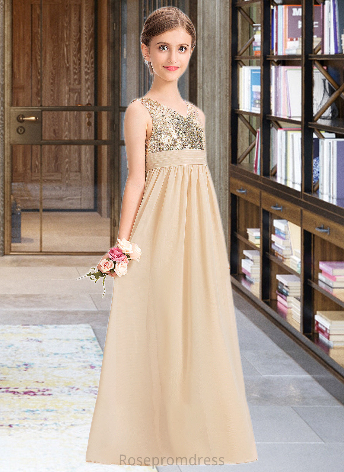 Gabriela A-Line V-neck Floor-Length Chiffon Sequined Junior Bridesmaid Dress With Ruffle SRSP0013430