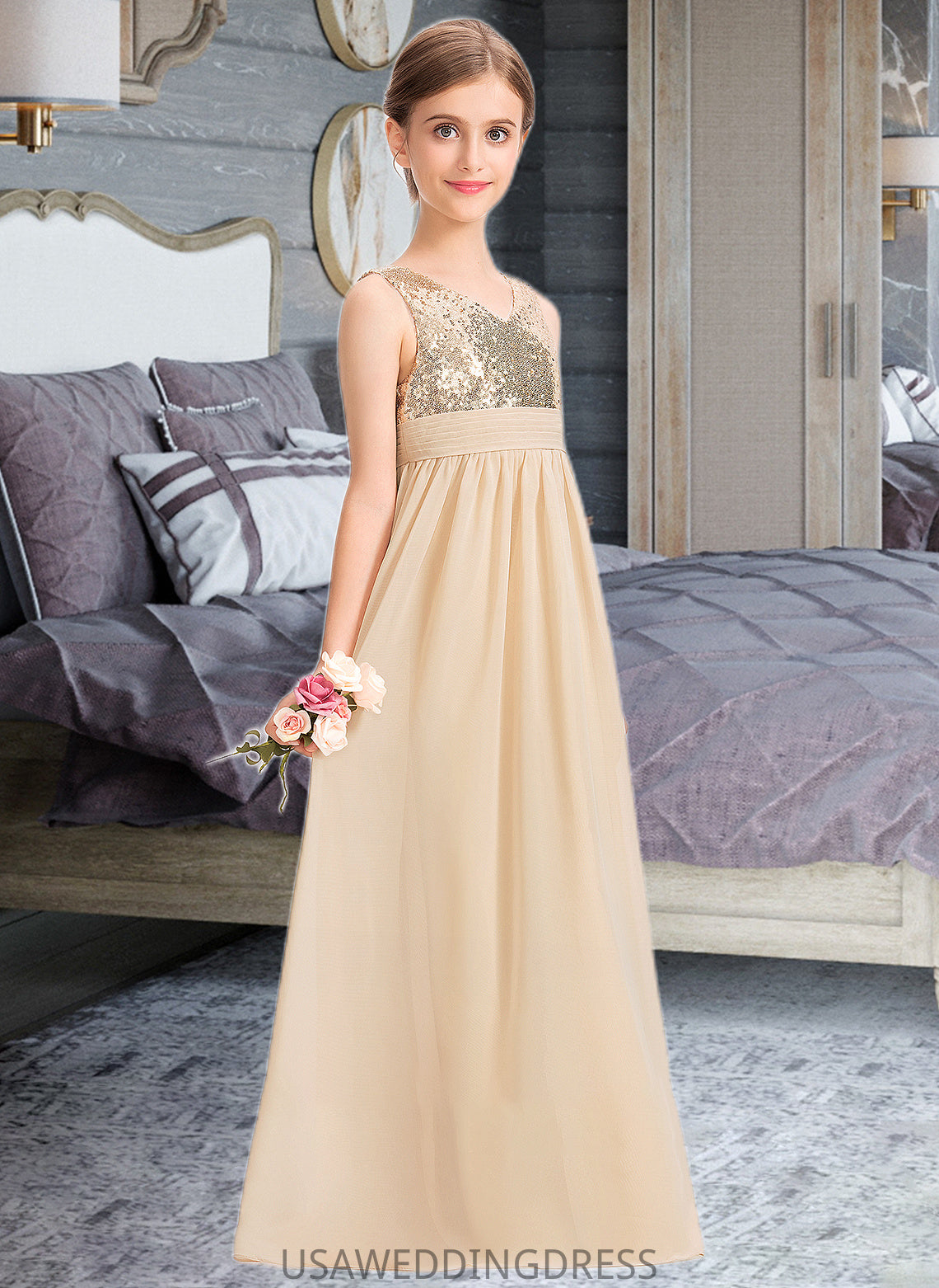 Nola A-Line V-neck Floor-Length Chiffon Sequined Junior Bridesmaid Dress With Ruffle DSP0013430