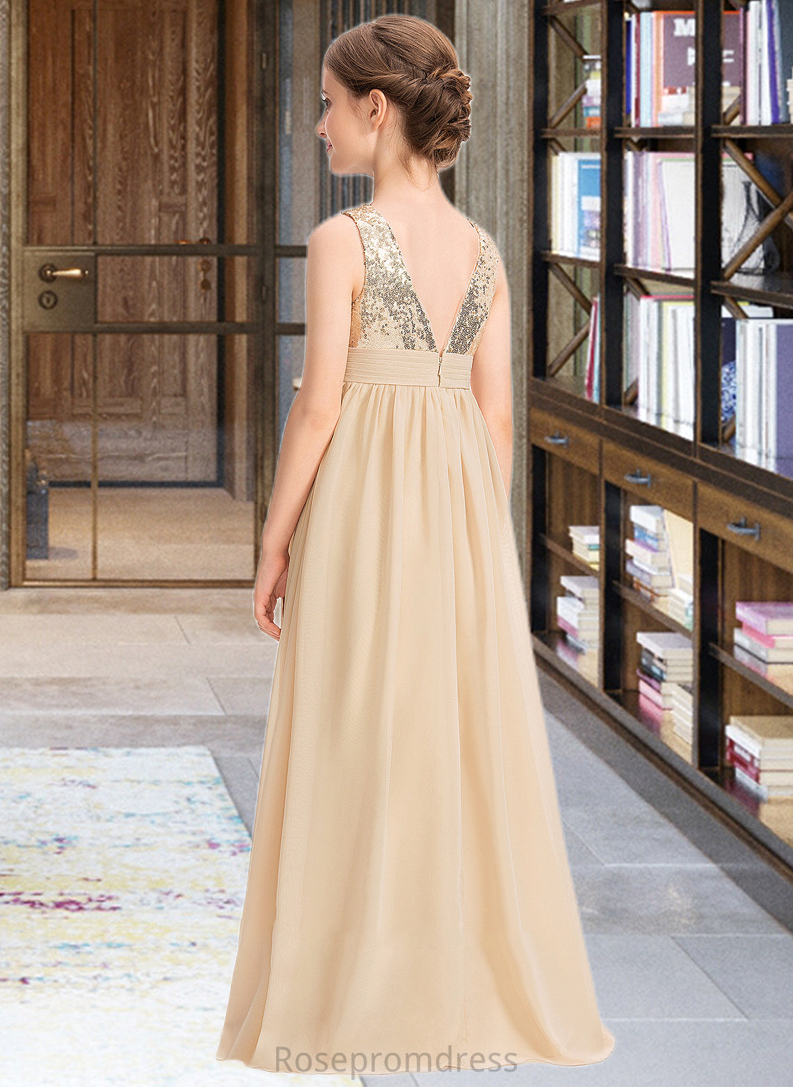 Gabriela A-Line V-neck Floor-Length Chiffon Sequined Junior Bridesmaid Dress With Ruffle SRSP0013430