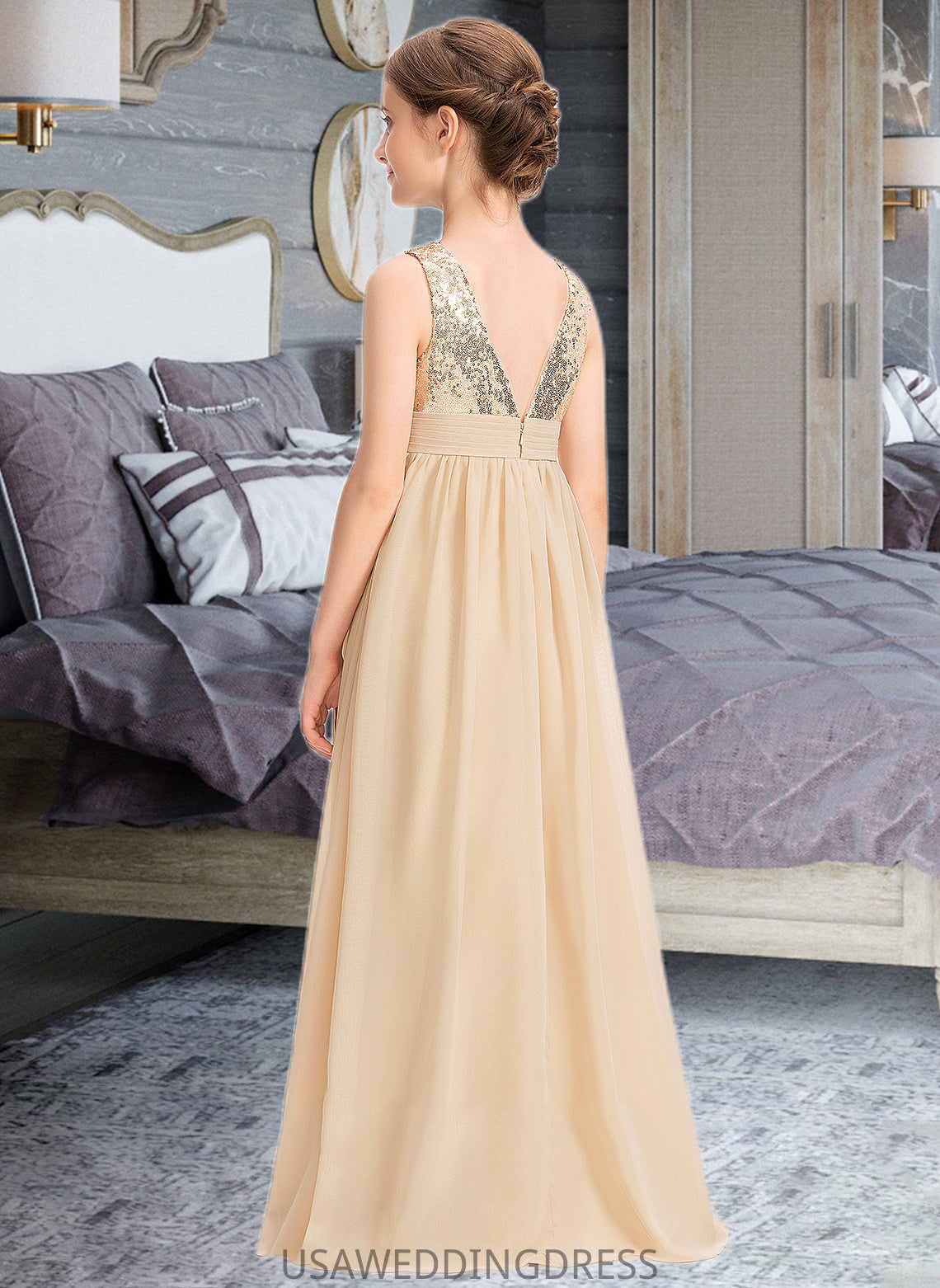 Nola A-Line V-neck Floor-Length Chiffon Sequined Junior Bridesmaid Dress With Ruffle DSP0013430