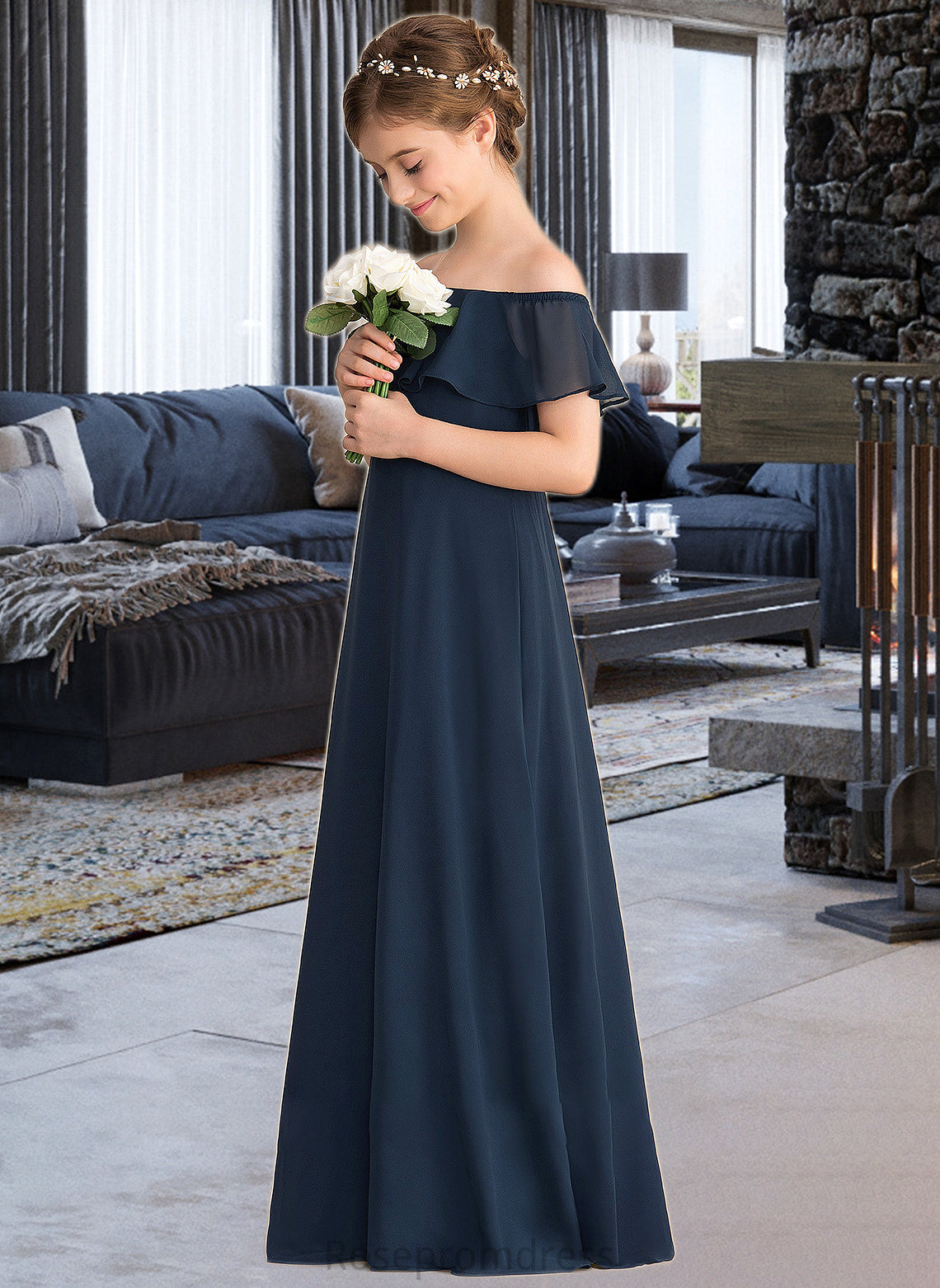 Louise A-Line Off-the-Shoulder Floor-Length Chiffon Junior Bridesmaid Dress With Cascading Ruffles SRSP0013431