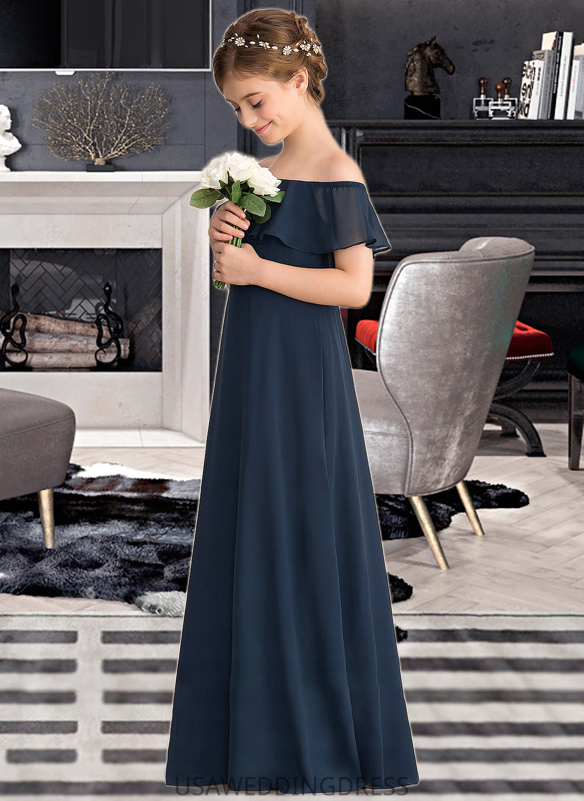 Jo A-Line Off-the-Shoulder Floor-Length Chiffon Junior Bridesmaid Dress With Cascading Ruffles DSP0013431