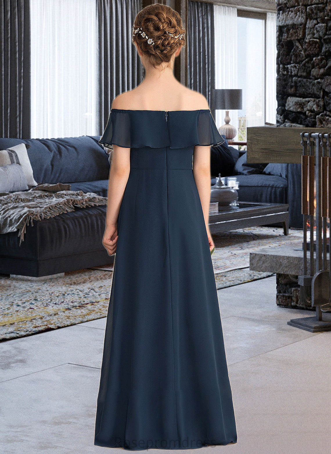 Louise A-Line Off-the-Shoulder Floor-Length Chiffon Junior Bridesmaid Dress With Cascading Ruffles SRSP0013431