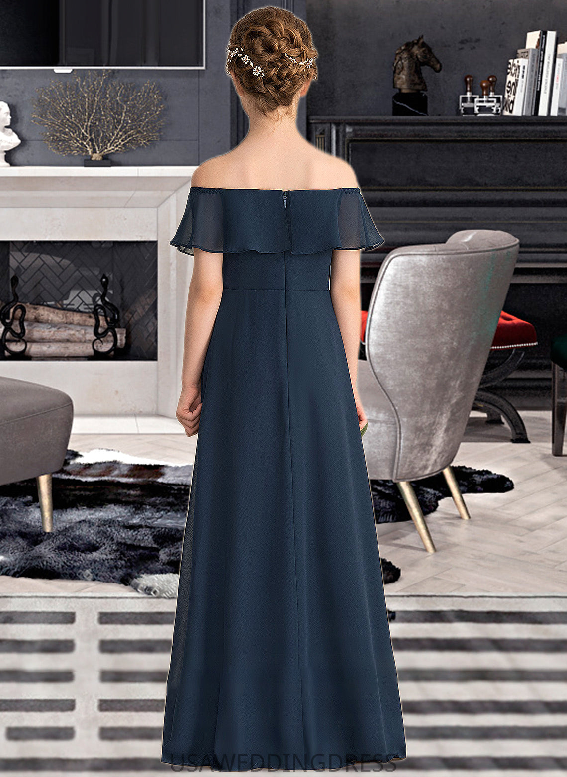 Jo A-Line Off-the-Shoulder Floor-Length Chiffon Junior Bridesmaid Dress With Cascading Ruffles DSP0013431