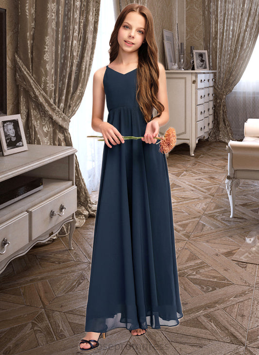 Lesley A-Line V-neck Floor-Length Chiffon Junior Bridesmaid Dress With Bow(s) SRSP0013432