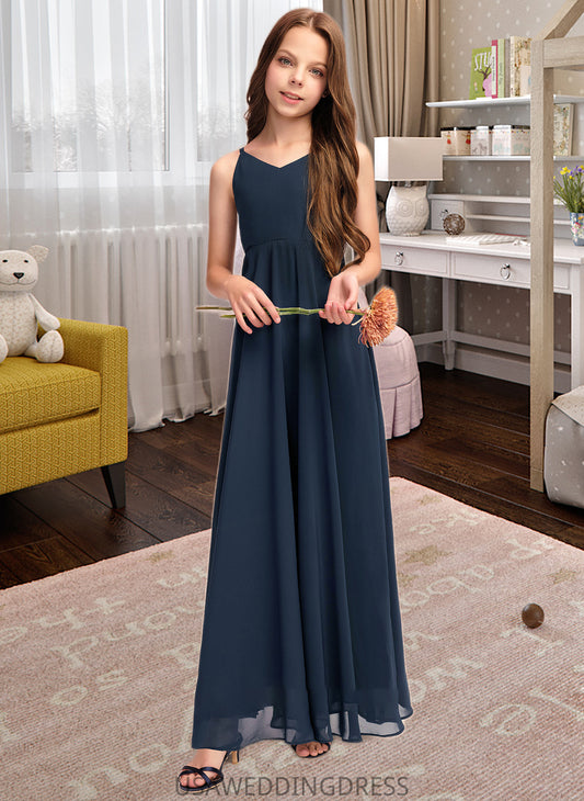 Leanna A-Line V-neck Floor-Length Chiffon Junior Bridesmaid Dress With Bow(s) DSP0013432