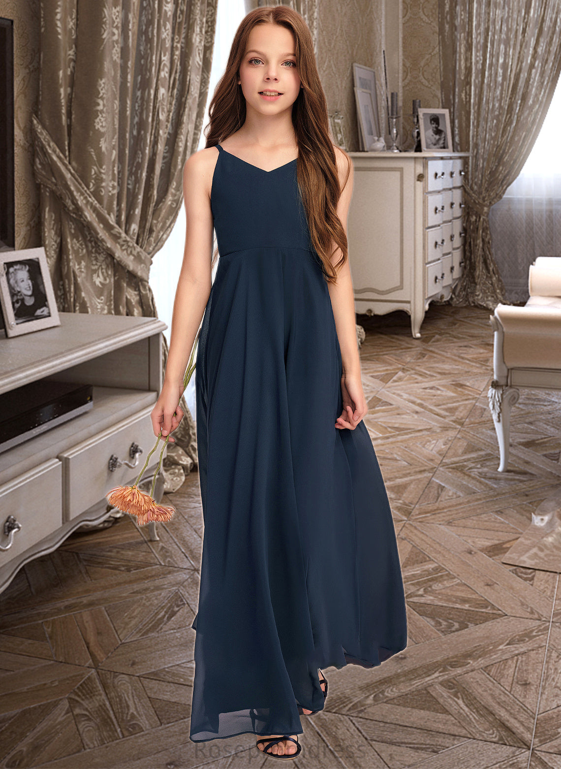 Lesley A-Line V-neck Floor-Length Chiffon Junior Bridesmaid Dress With Bow(s) SRSP0013432