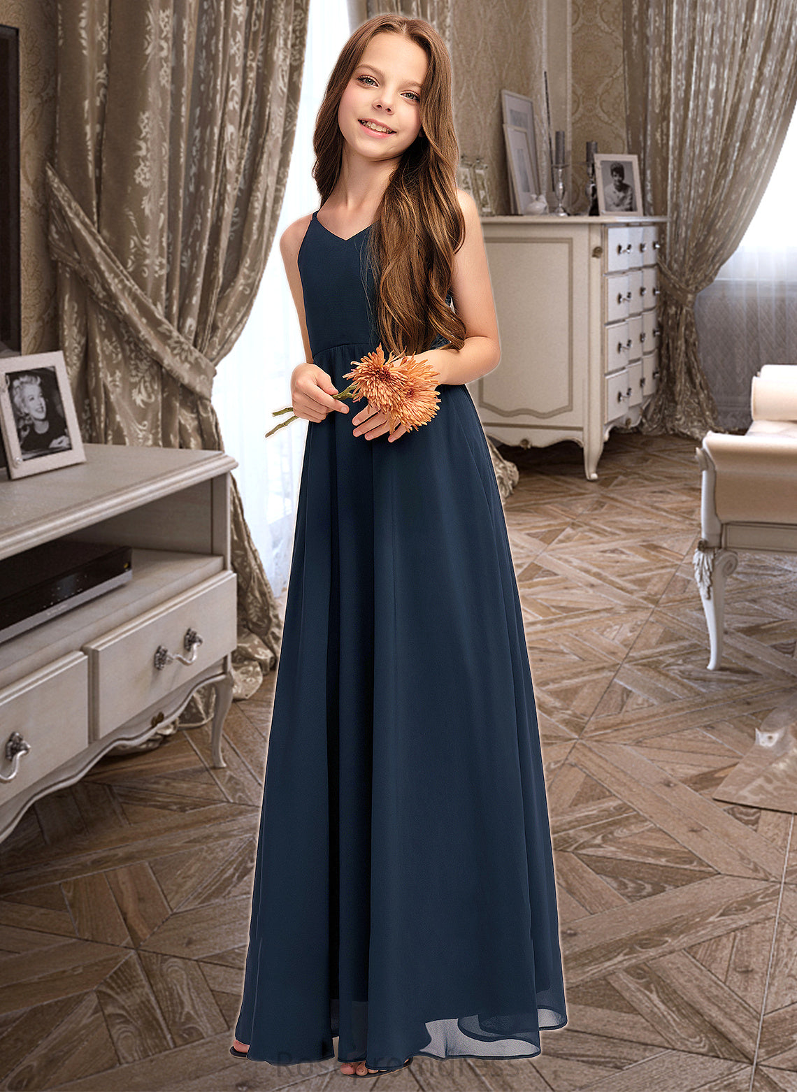 Lesley A-Line V-neck Floor-Length Chiffon Junior Bridesmaid Dress With Bow(s) SRSP0013432