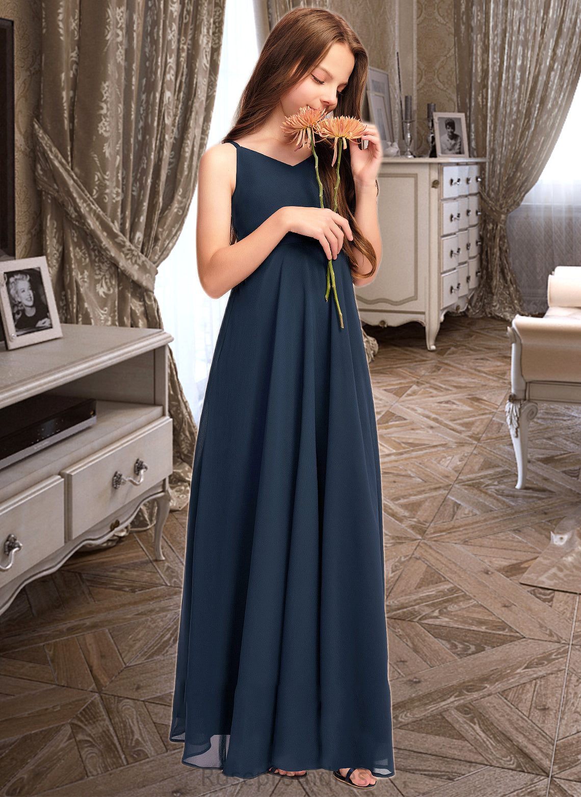 Lesley A-Line V-neck Floor-Length Chiffon Junior Bridesmaid Dress With Bow(s) SRSP0013432