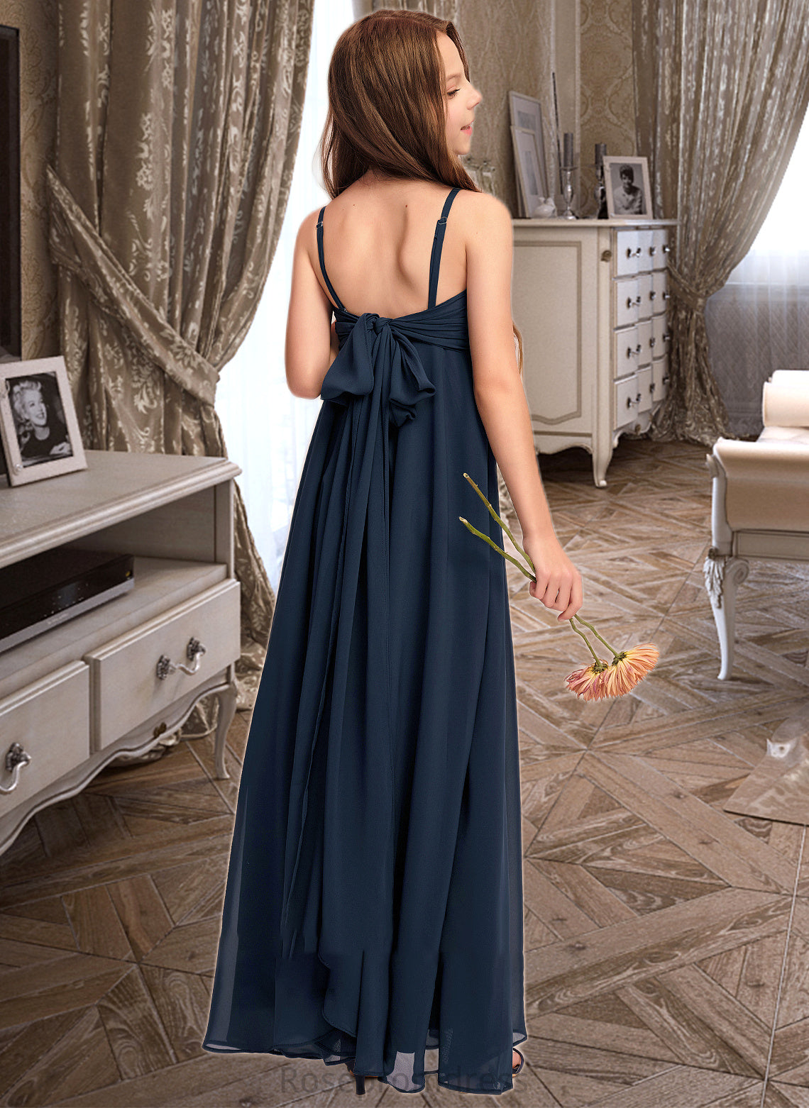 Lesley A-Line V-neck Floor-Length Chiffon Junior Bridesmaid Dress With Bow(s) SRSP0013432