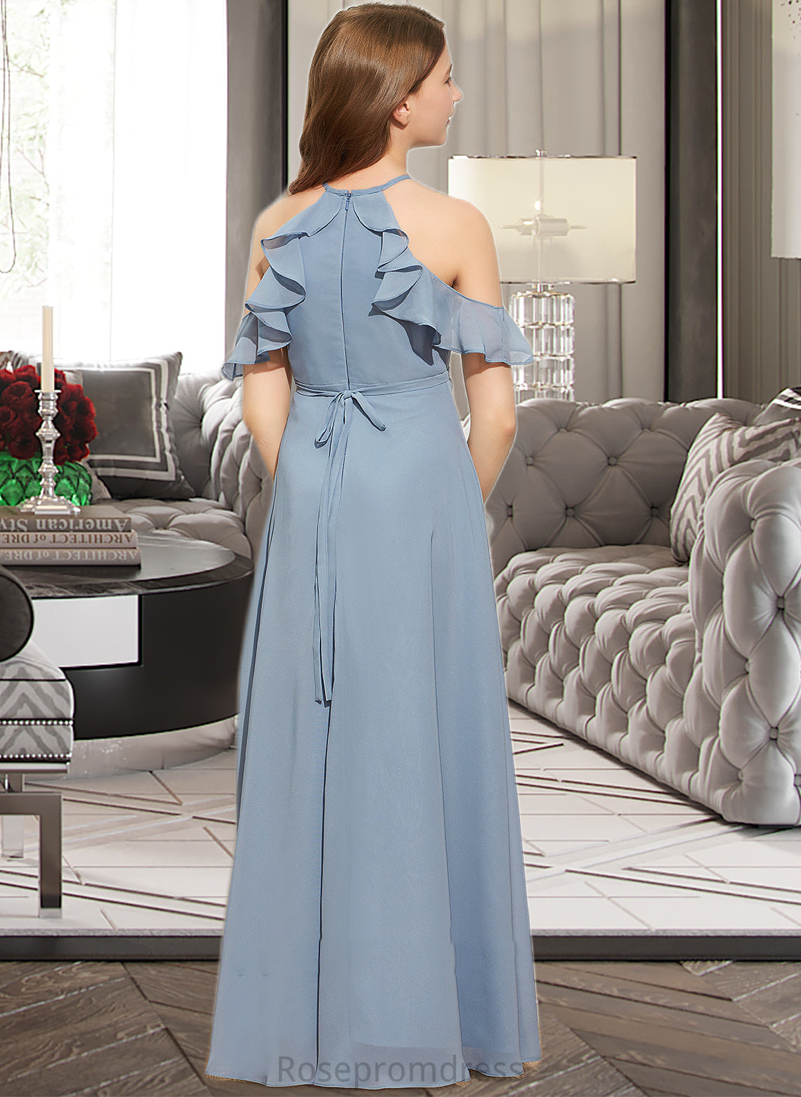 Cassidy A-Line Scoop Neck Floor-Length Chiffon Junior Bridesmaid Dress With Bow(s) Cascading Ruffles SRSP0013433