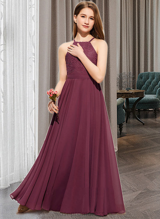 Makayla A-Line Square Neckline Floor-Length Chiffon Lace Junior Bridesmaid Dress SRSP0013434