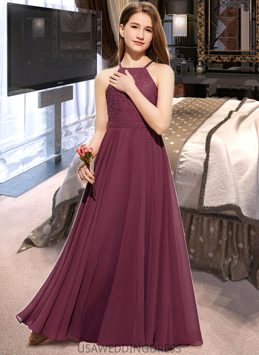 Londyn A-Line Square Neckline Floor-Length Chiffon Lace Junior Bridesmaid Dress DSP0013434